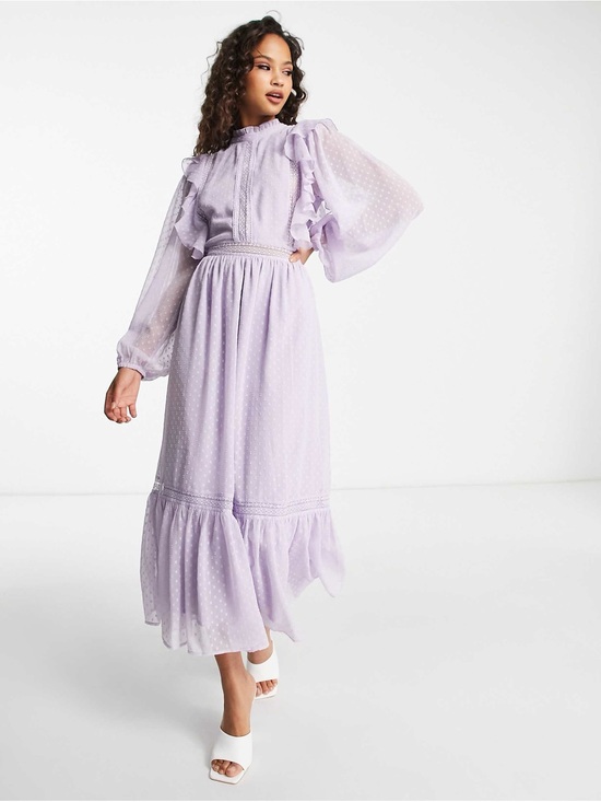 Miss Selfridge Dresses & Skirts - Fairycore Lavender Swiss Dot Ruffle Midi Dress Cottagecore Romantic Size 2